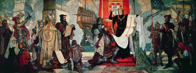 Partida hacia el Cabo, el rey Manuel I de Portugal bendice a Vasco da Gama y su expedición, hacia 1935